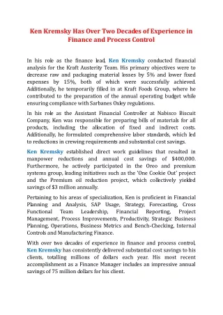 Ken Kremsky Has Over Two Decades of Experience in Finance and Process Control