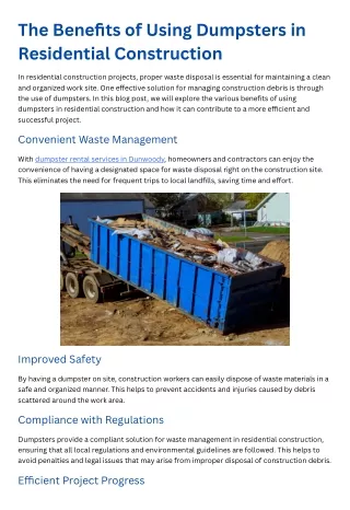 The Benefits of Using Dumpsters in Residential Construction