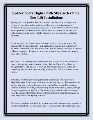 Sydney Soars Higher with Skyriseelevators' New Lift Installations