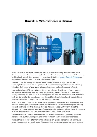 Benefits of Water Softener in Chennai