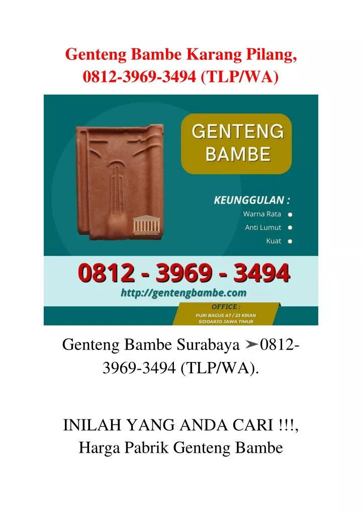 genteng bambe karang pilang 0812 3969 3494 tlp wa