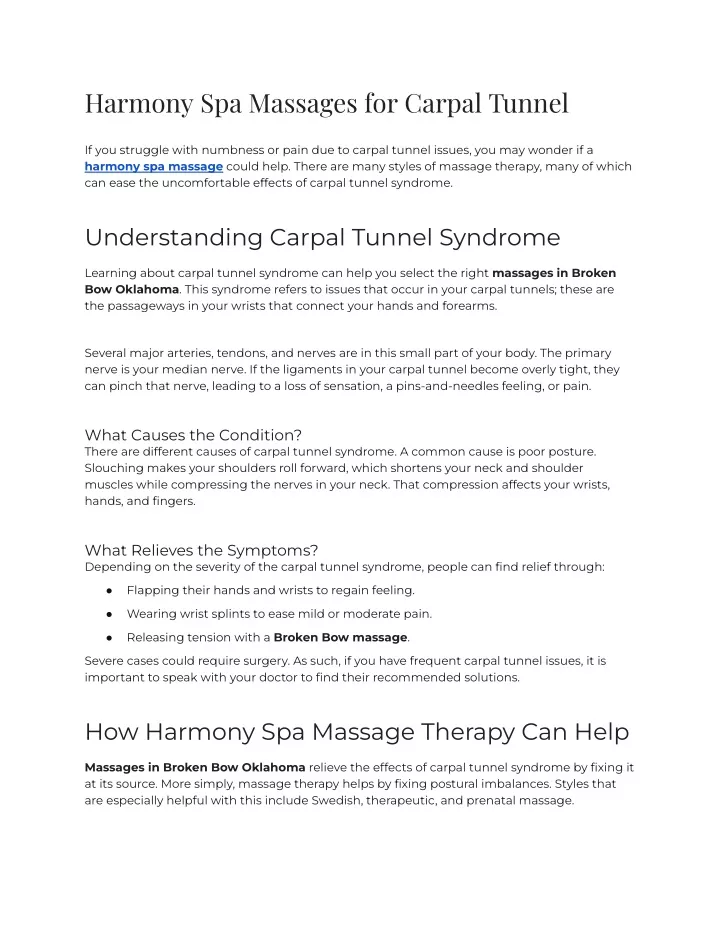 harmony spa massages for carpal tunnel