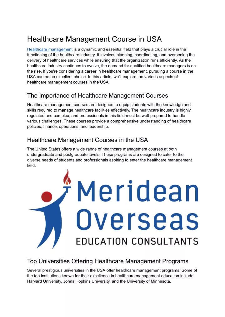healthcare management course in usa