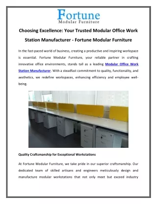 Choosing Excellence Your Trusted Modular Office Work Station Manufacturer - Fortune Modular Furniture