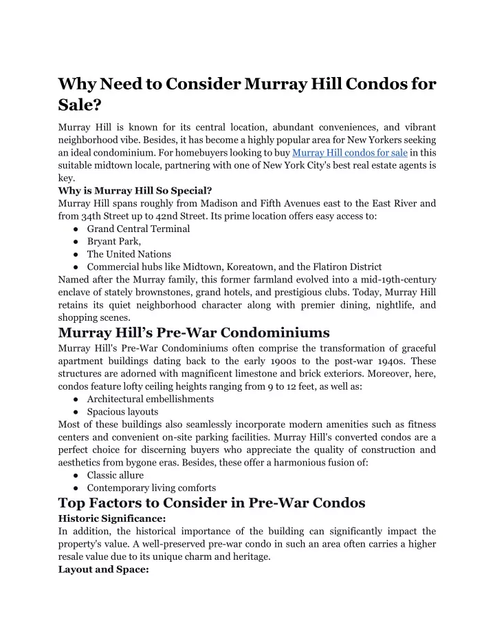 why need to consider murray hill condos for sale