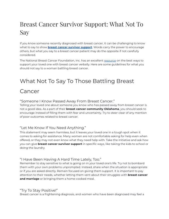 PPT Breast Cancer Survivor Support What Not To Say 1 PowerPoint 