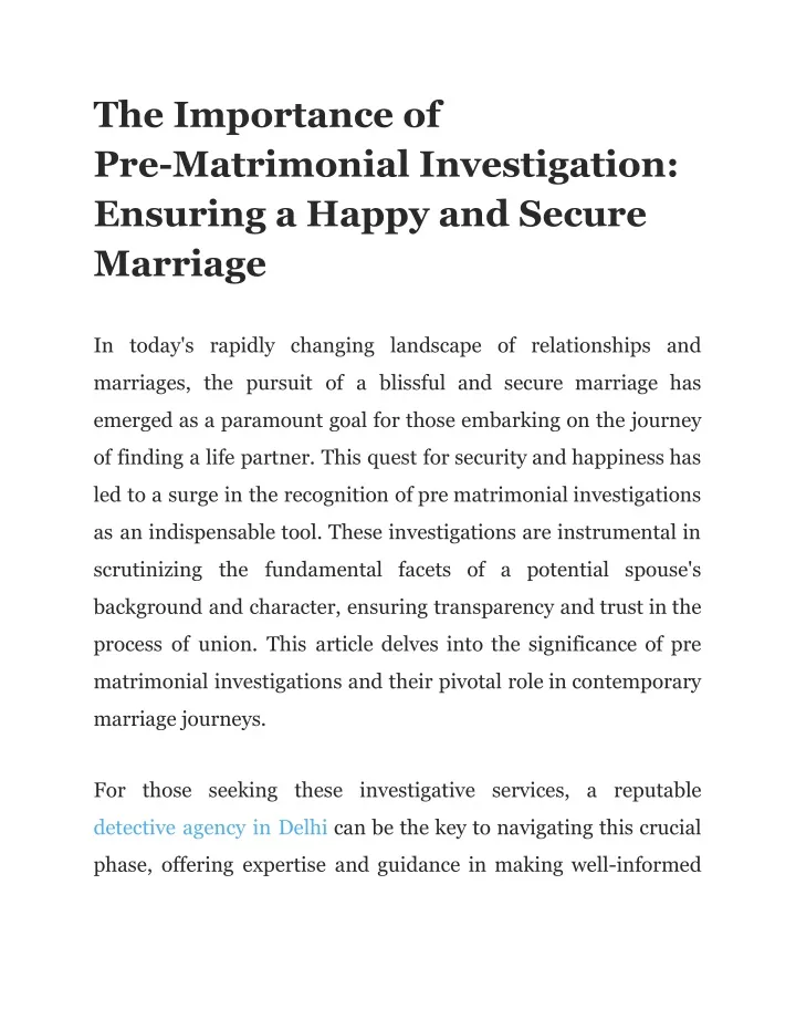 the importance of pre matrimonial investigation