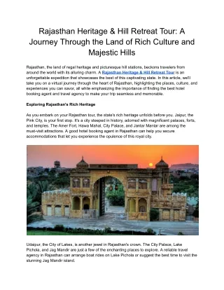 Rajasthan Heritage & Hill Retreat Tour_ A Journey Through the Land of Rich Culture and Majestic Hills