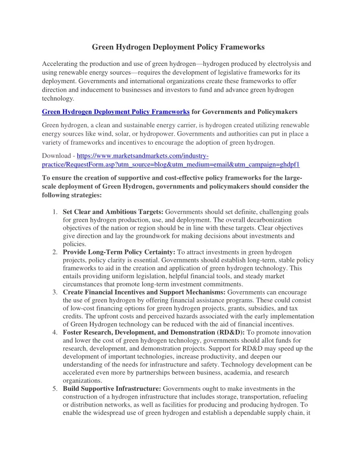 green hydrogen deployment policy frameworks