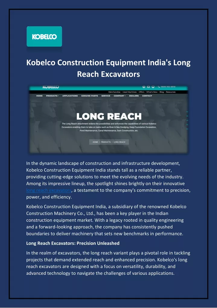 kobelco construction equipment india s long reach