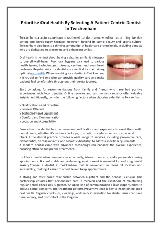 Prioritise Oral Health By Selecting A Patient-Centric Dentist In Twickenham