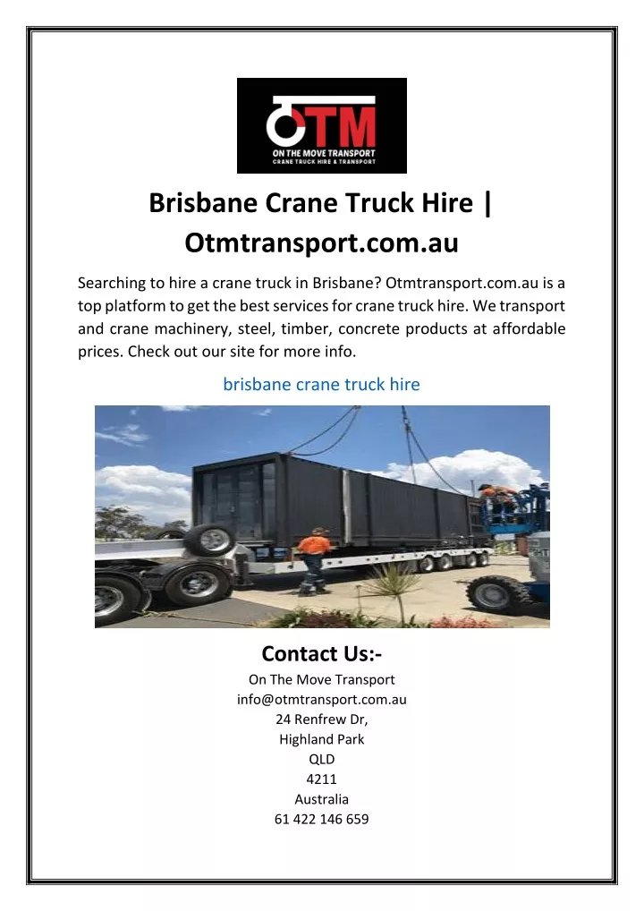 brisbane crane truck hire otmtransport com au