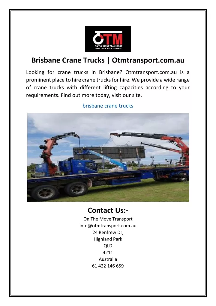 brisbane crane trucks otmtransport com au
