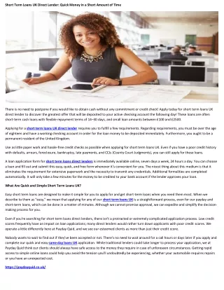 short term loans uk direct lender quick money