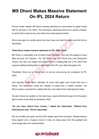 MS Dhoni Makes Massive Statement On IPL 2024 Return | SportsBuzz