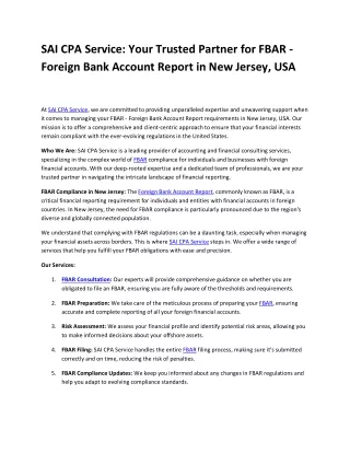 SAI CPA Service: Your Trusted Partner for FBAR - Foreign Bank Account Report