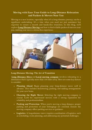 Moving with Ease Your Guide to Long-Distance Relocation and Packers & Movers Near You