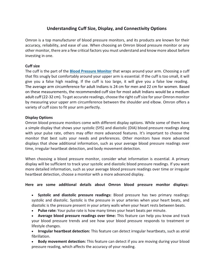understanding cuff size display and connectivity
