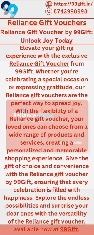 Reliance Gift Voucher by 99Gift Unlock Joy Today