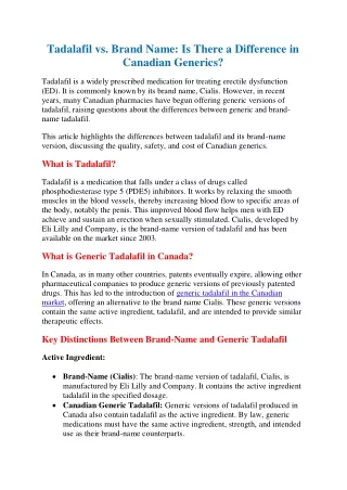 Tadalafil vs. Brand Name Is There a Difference in Canadian Generics