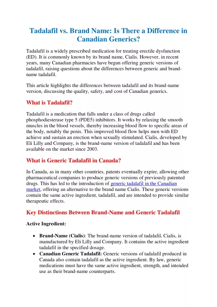 tadalafil vs brand name is there a difference