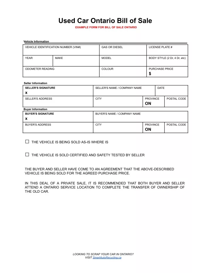 used car ontario bill of sale example form