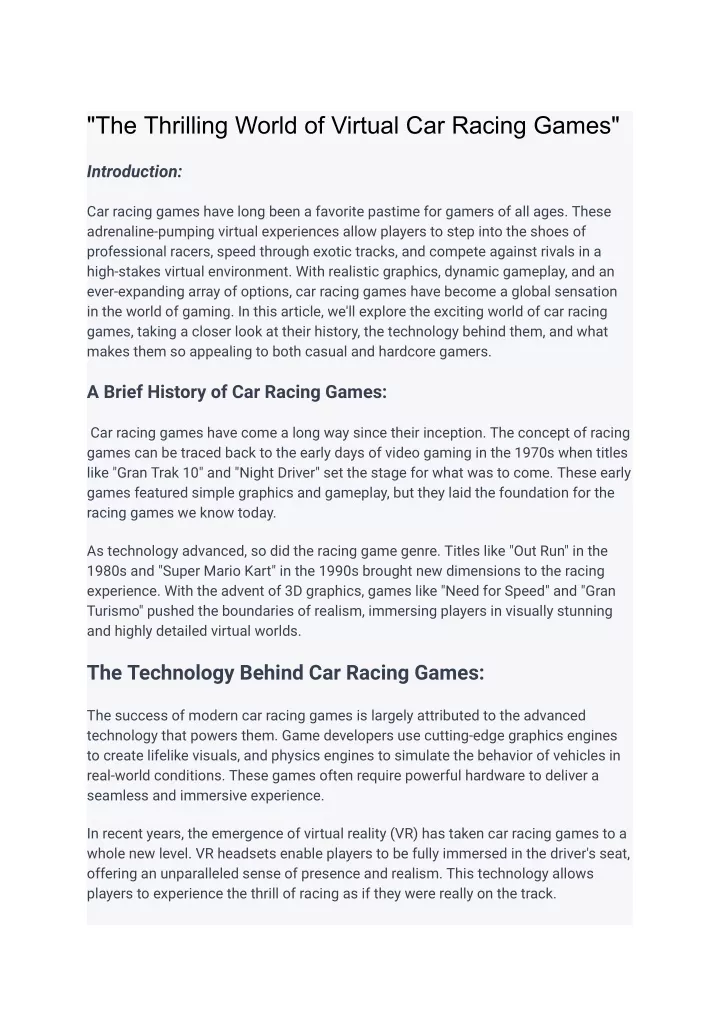 PPT - Unleash the Thrills: Exploring the World of Virtual Car Racing PowerPoint Presentation 