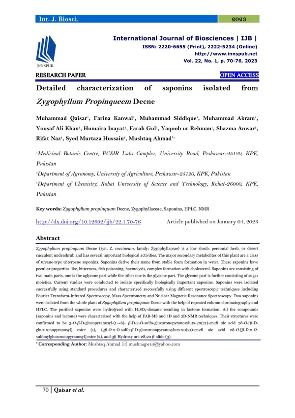 Detailed characterization of saponins isolated from Zygophyllum Propinqueem Decn