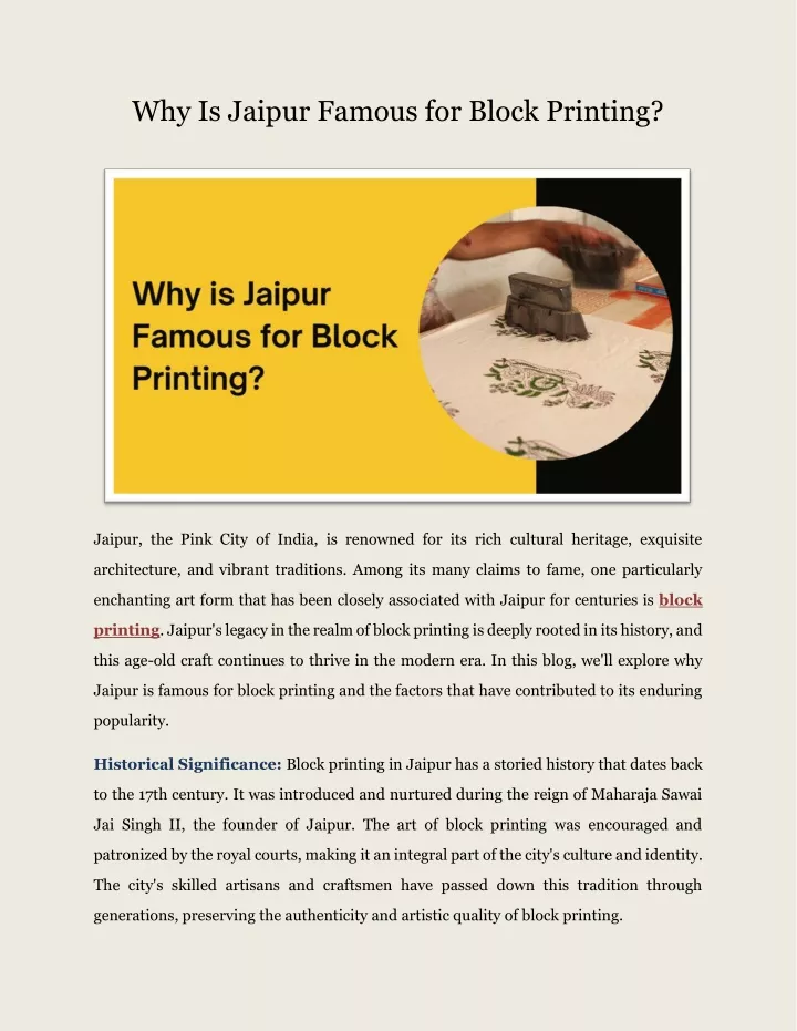 why is jaipur famous for block printing