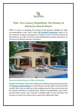 Eco-Luxury Redefined: The Beauty of Discovery Beach House