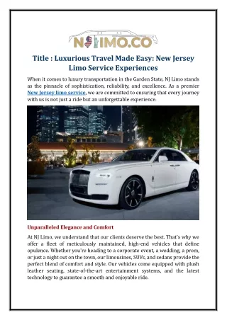 Luxurious Travel Made Easy: New Jersey Limo Service Experiences