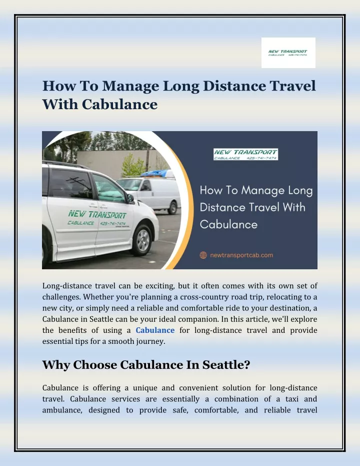 how to manage long distance travel with cabulance