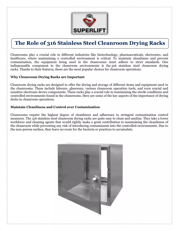 the role of 316 stainless steel cleanroom drying