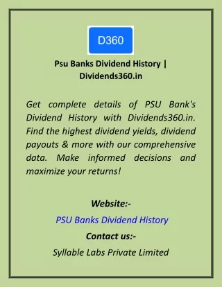 Psu Banks Dividend History  Dividends360.in