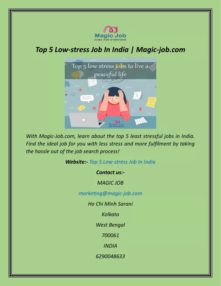 top 5 low stress job in india magic job com