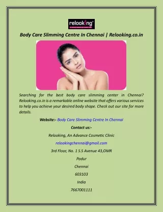 Body Care Slimming Centre In Chennai  Relooking.co.in