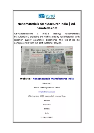 Nanomaterials Manufacturer India  Ad-nanotech.com