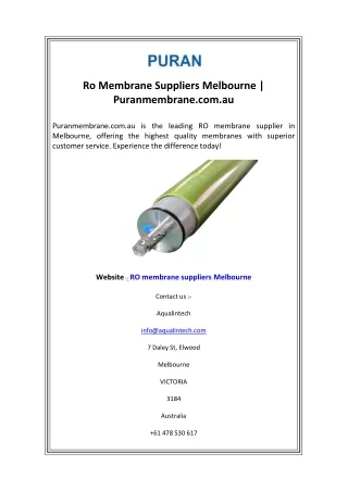 Ro Membrane Suppliers Melbourne  Puranmembrane.com.au