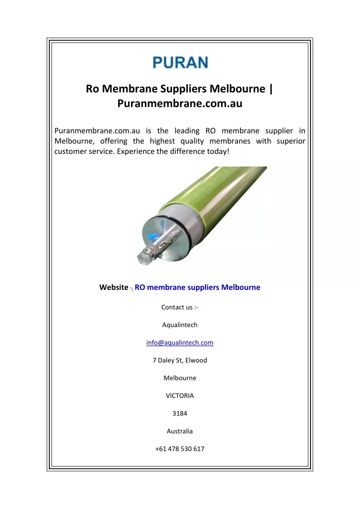 ro membrane suppliers melbourne puranmembrane