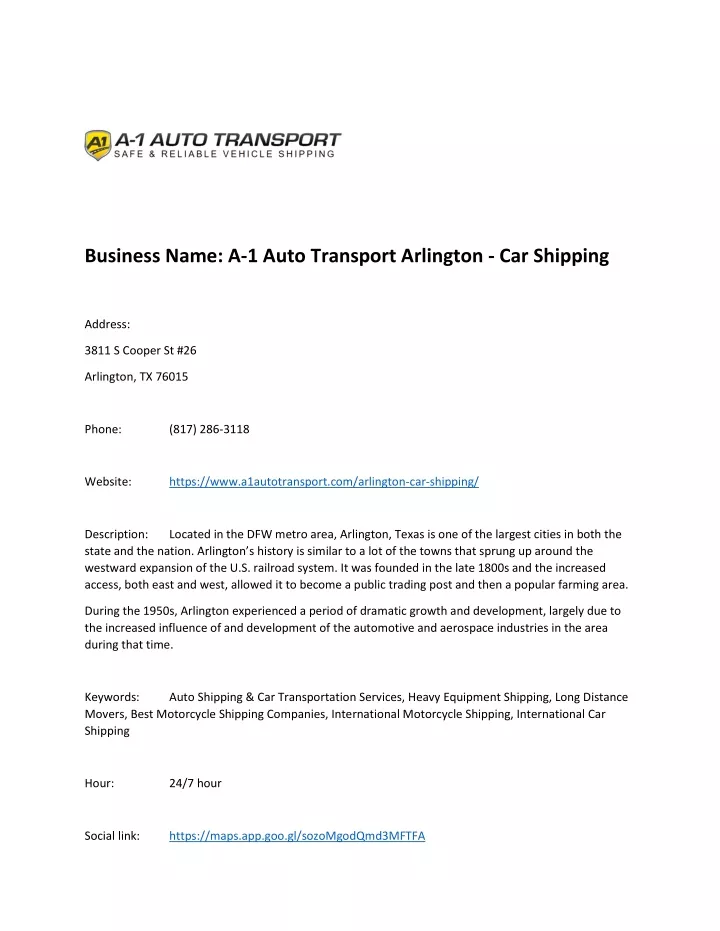 business name a 1 auto transport arlington