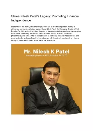Shree Nilesh Patel's Legacy Promoting Financial Independence