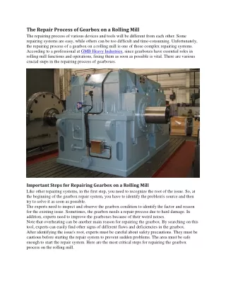 The Repair Process of Gearbox on a Rolling Mill