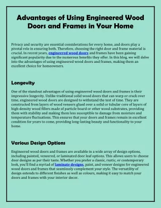 Advantages of Using Engineered Wood Doors and Frames in Your Home