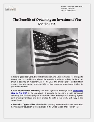 The Benefits of Obtaining an Investment Visa for the USA