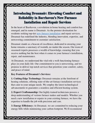 Dreamair Barrhaven's New Furnace Installation and Repair Services