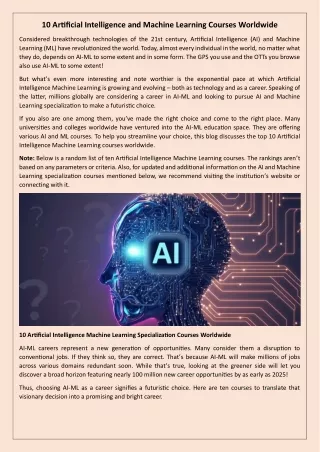 10 Artificial Intelligence and Machine Learning Courses Worldwide