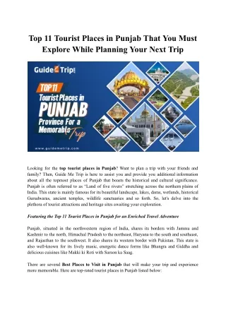 Featuring Punjab's Top 11 Tourist Destinations for a Richer Travel Experience