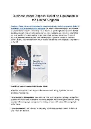 Business Asset Disposal Relief on Liquidation in the United Kingdom