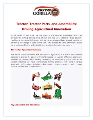 Tractor Tractor Parts and Assemblies Driving Agricultural Innovation
