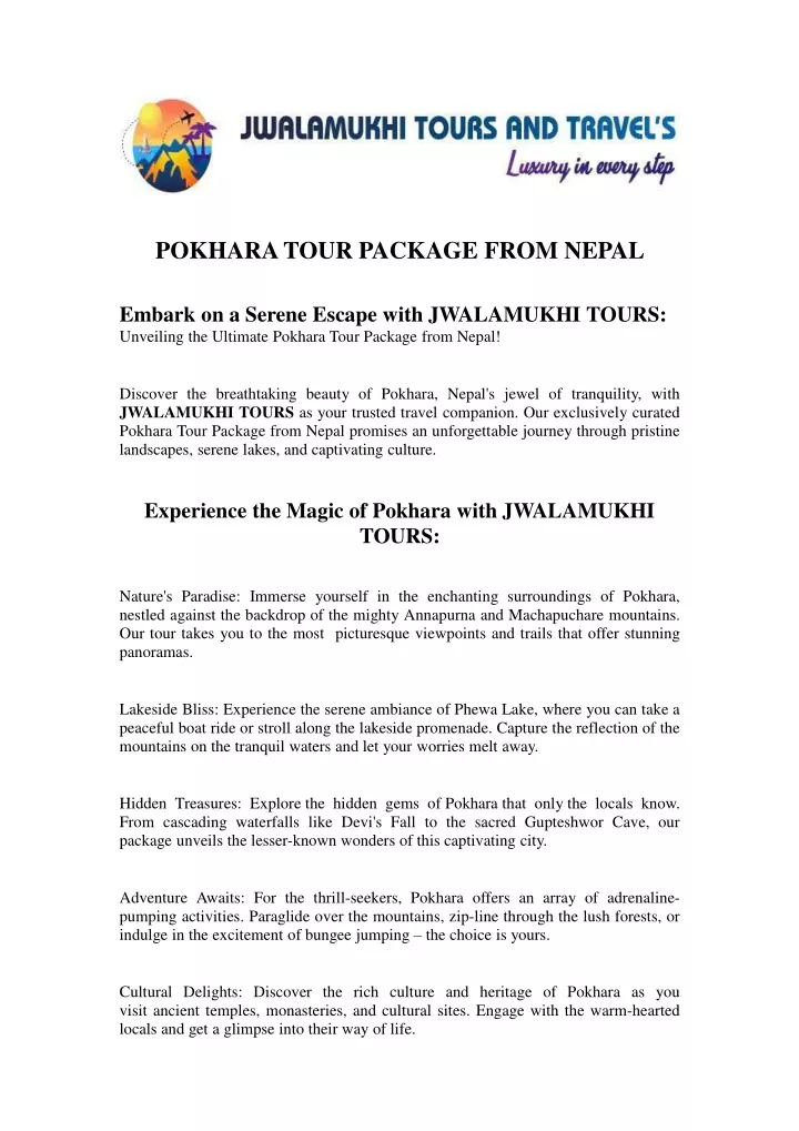pokhara tour package from nepal embark